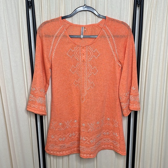 MOLLORELLO- CORAL EMBROIDERED TUNIC BLOUSE SIZE SMALL - Picture 7 of 9